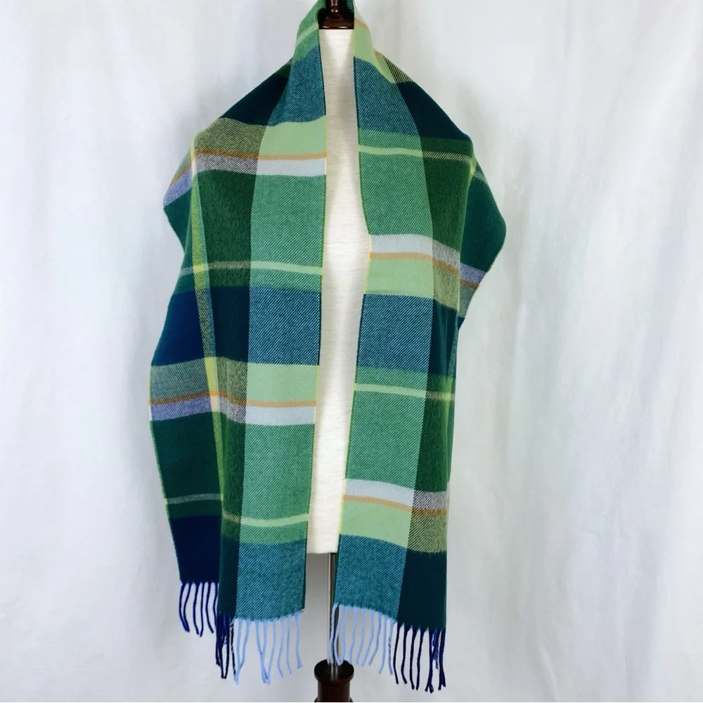ALX New York Plaid Fringe Scarf Green Blue NWT